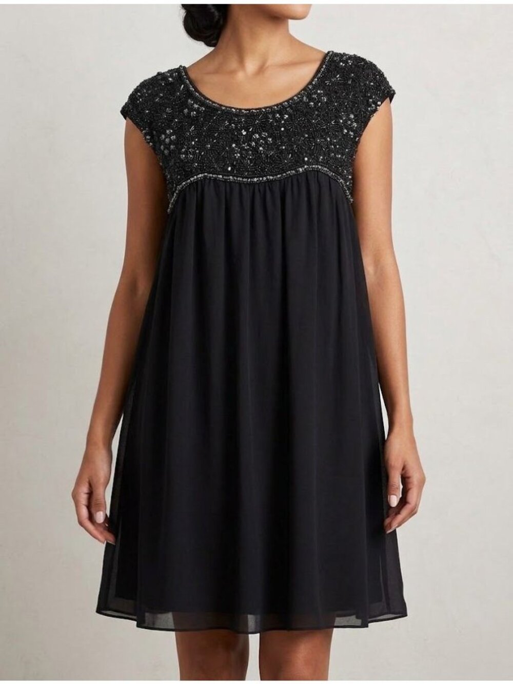 Alice + Olivia Large Black Silk Babydoll Dress Beaded Floralcore Romanticcore